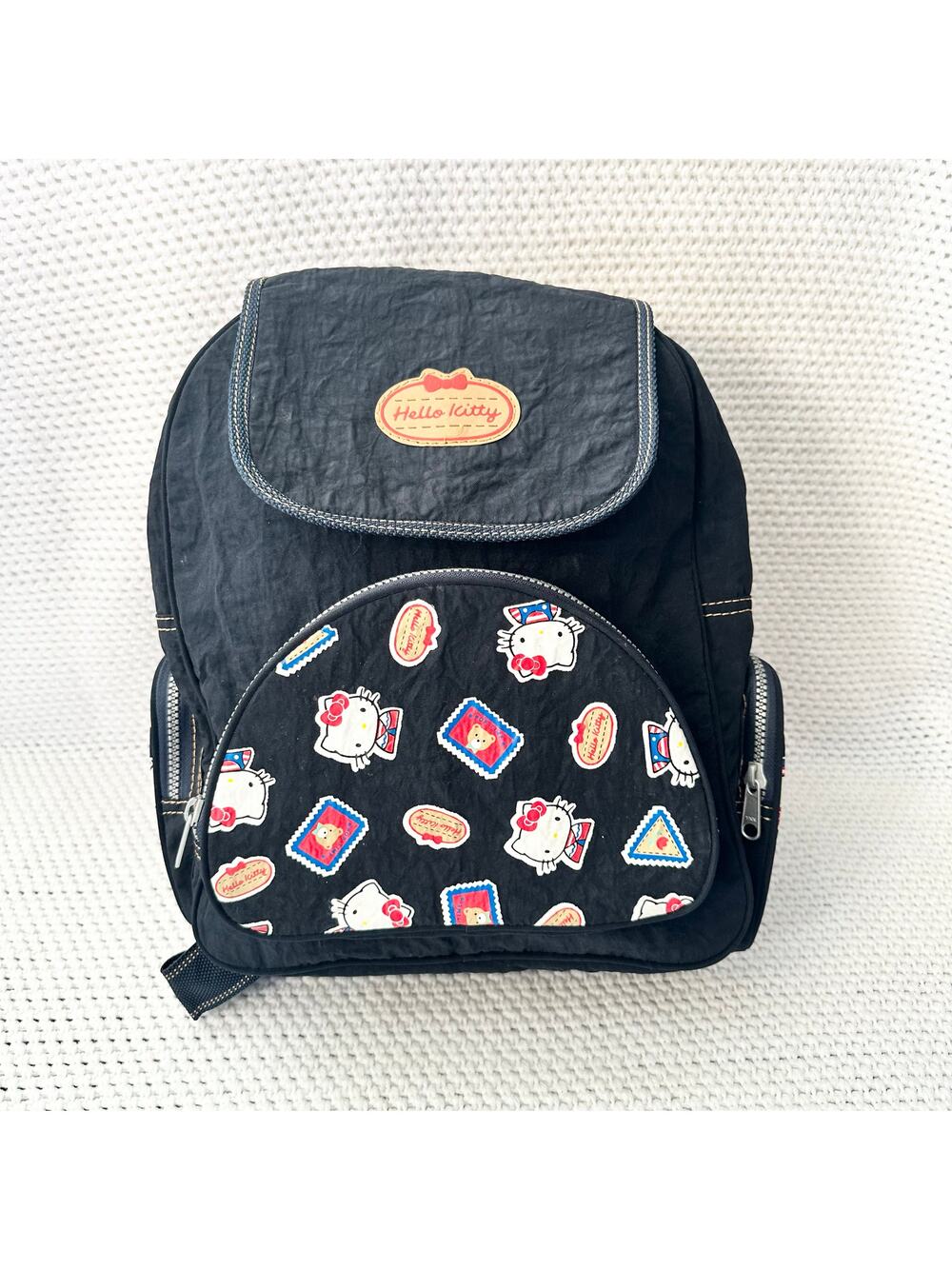 Sanrio Hello Kitty 1997 Blue Denim Nylon Tan Stitching Stamp Backpack Vintage